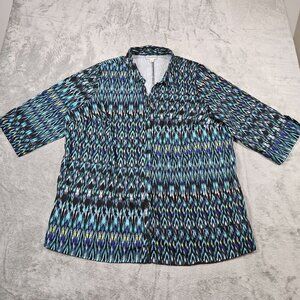 Catherines Top Womens 1X Blue Green Waterfall Ikat Timeless Stretch Blouse